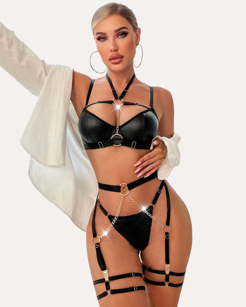 5-piece push-up bra set with chain, black satin bra and matching garters