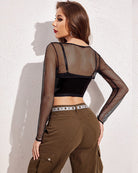 Black fishnet long sleeve crop top, open-back sheer mesh with straps