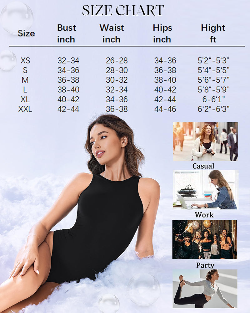 Black double-lined tank bodysuit on model, sleeveless with high-cut leg openings.