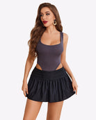 Black glitter ruffle mini skirt with elastic gathered waist and flared ruffle hem