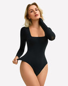 Double-lined square-neck bodysuit top, long sleeves, black