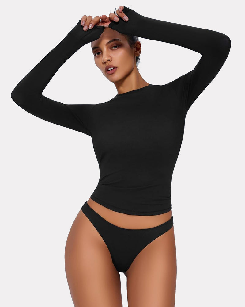 Double-lined fitted long-sleeve top with matching underwear, black