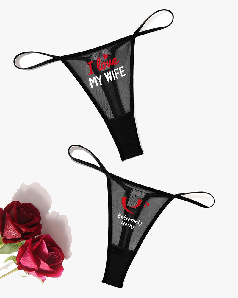 Low rise t-back mesh panties, black, two pairs on display with thin side straps