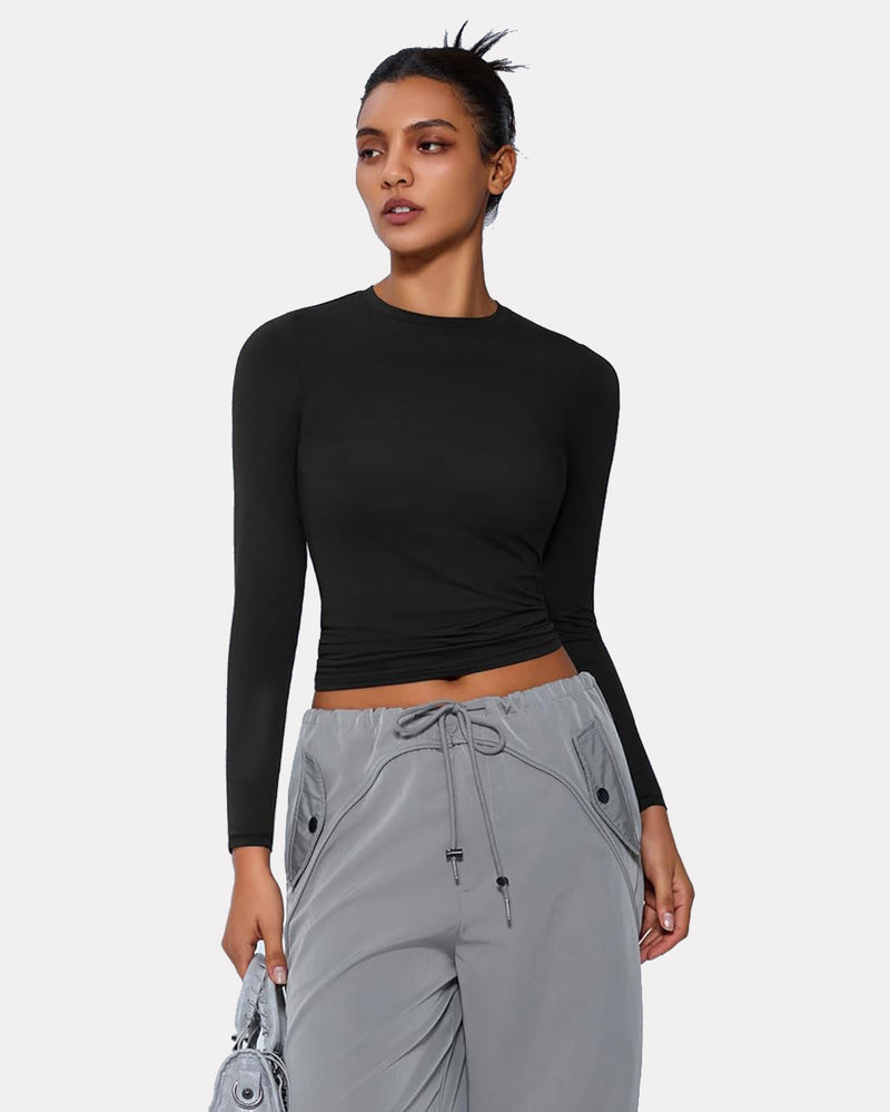 Double-lined fitted long-sleeve top, black