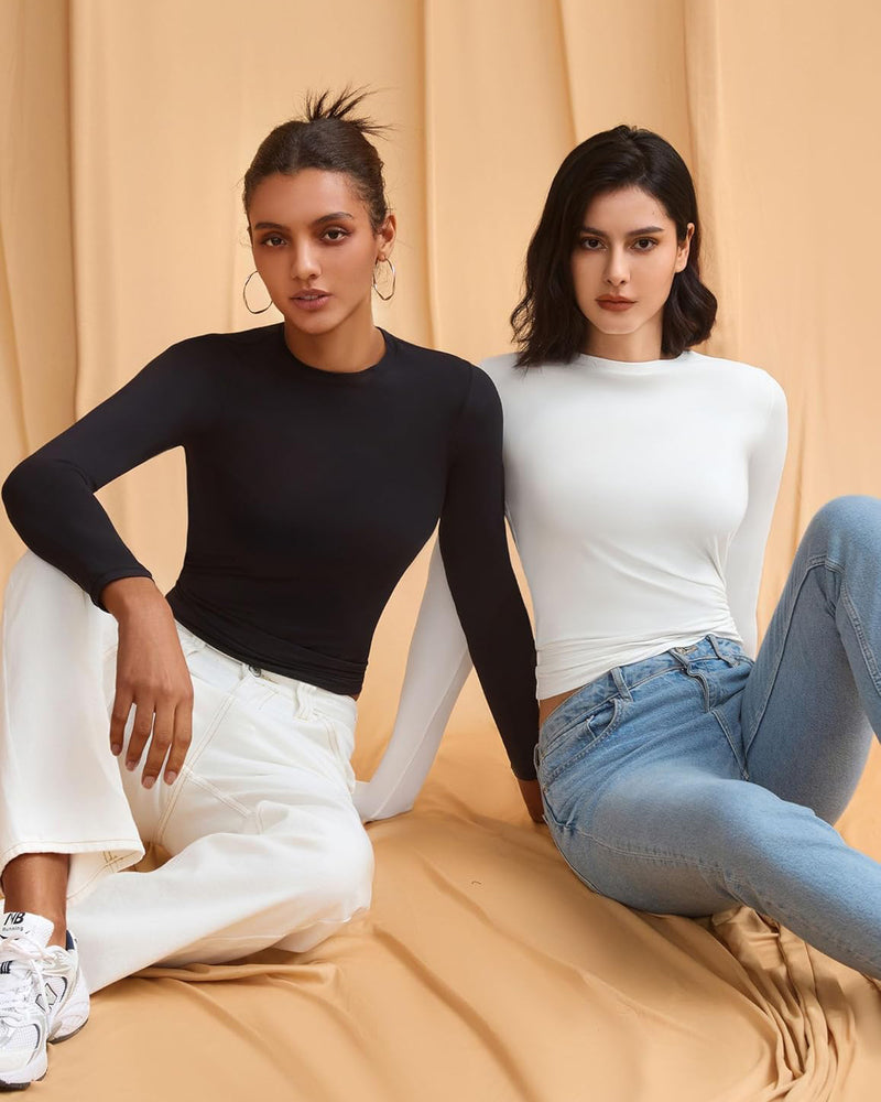 Double-lined long-sleeve tops, black and white
