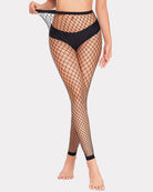 Black fishnet high-waist footless tights with diamond mesh and banded ankle openings.