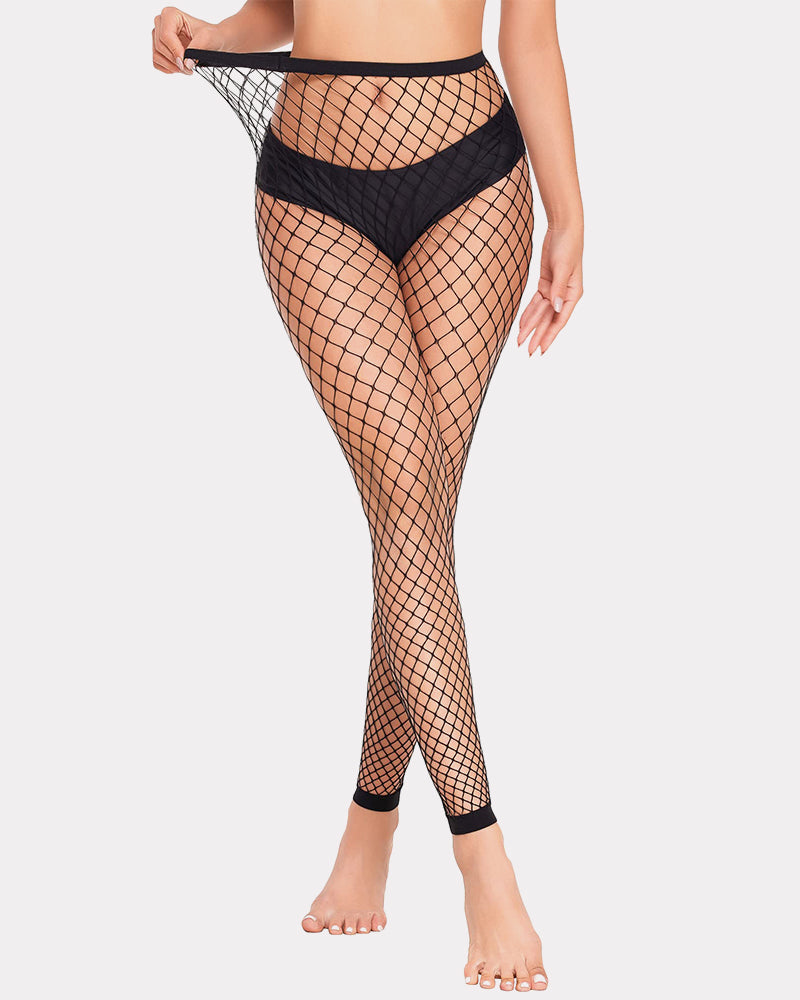 Black fishnet high-waist footless tights with diamond mesh and banded ankle openings.