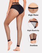 Black fishnet high-waist footless tights with diamond grid and wide waistband detail.