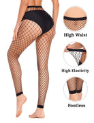 Black fishnet stockings with high-waist waistband and full-length diamond net