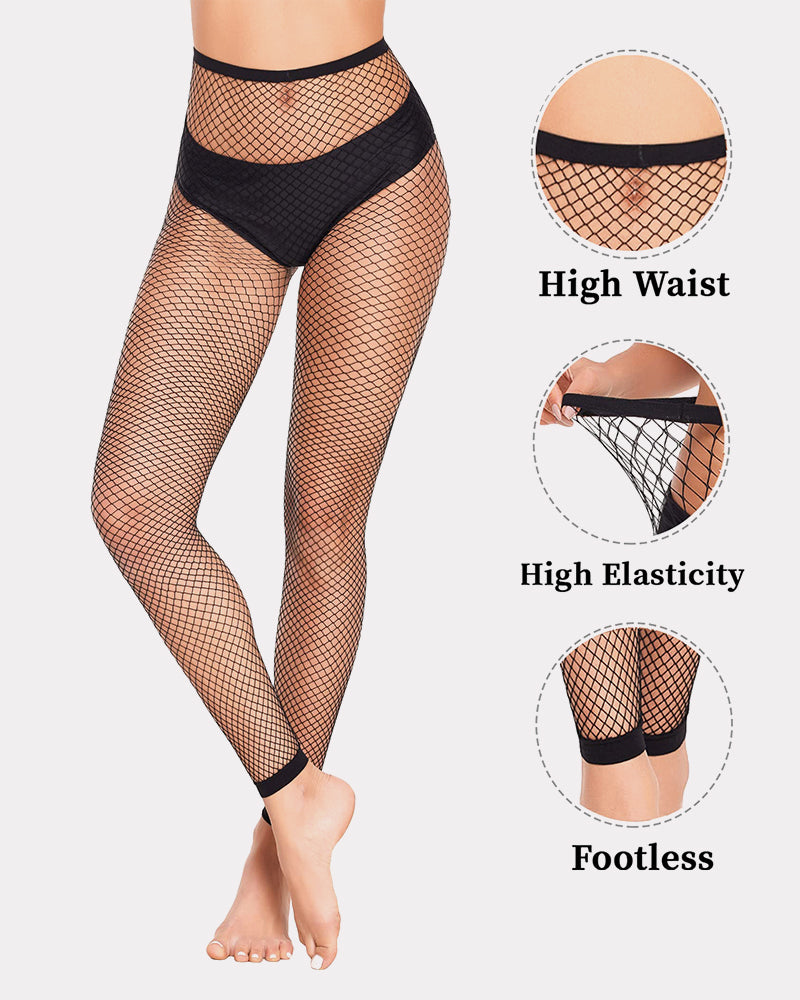Black fishnet high-waist footless tights with diamond mesh, wide waistband, and ankle bands.
