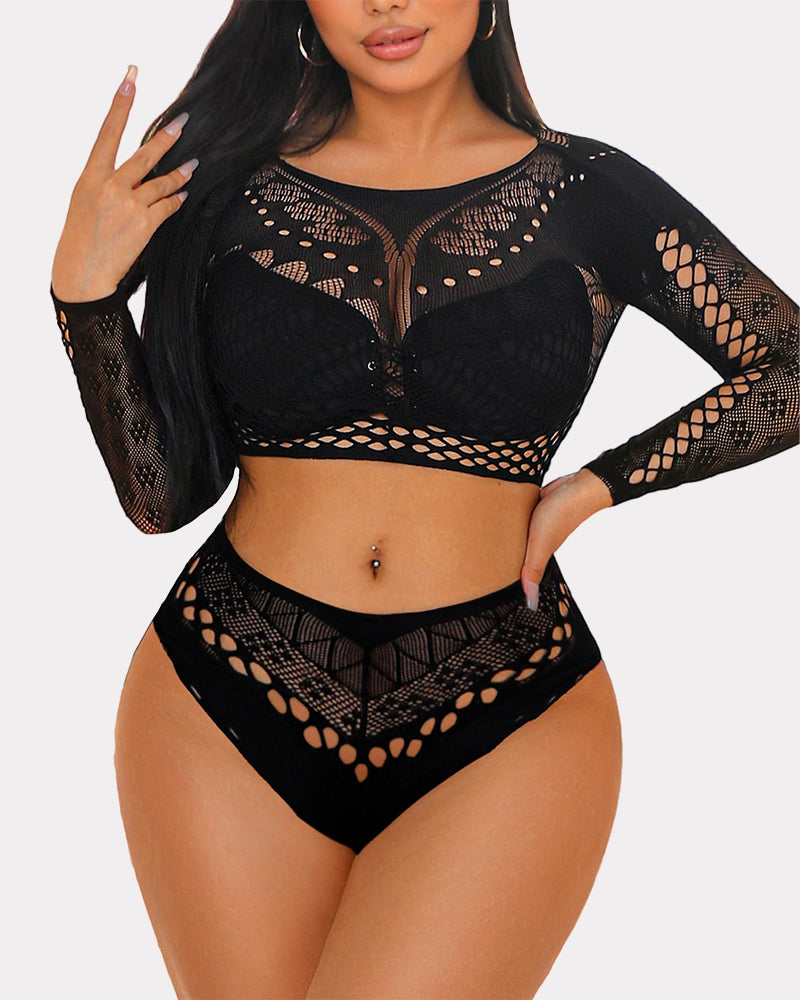 Black fishnet long-sleeve two-piece set with cropped top and high-waist briefs