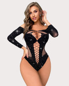 Black rhinestone fishnet mesh bodysuit with long sleeves and lace-up center panel