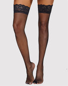 Black fishnet thigh-high stockings with lace bands at the top