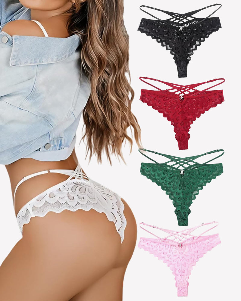 Lace panties with crisscross back straps, scalloped edges, white