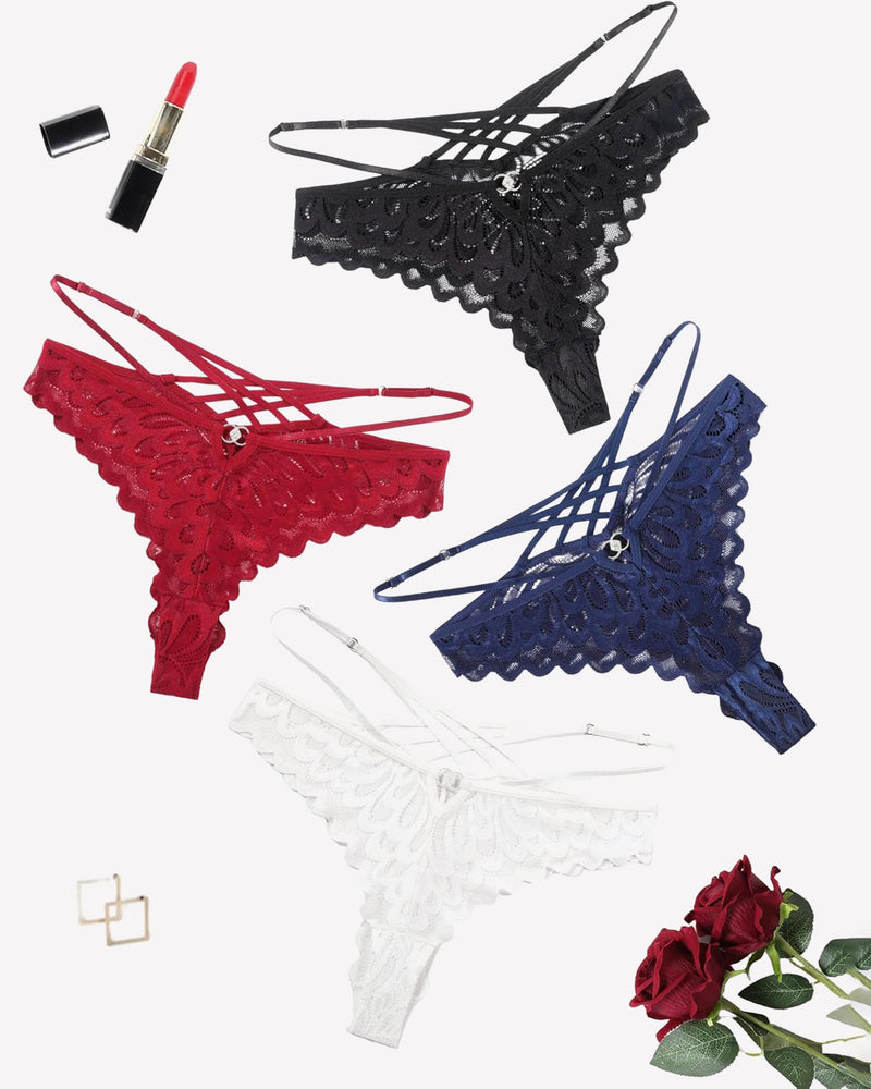 Lace crisscross back panties in black, red, navy, and white