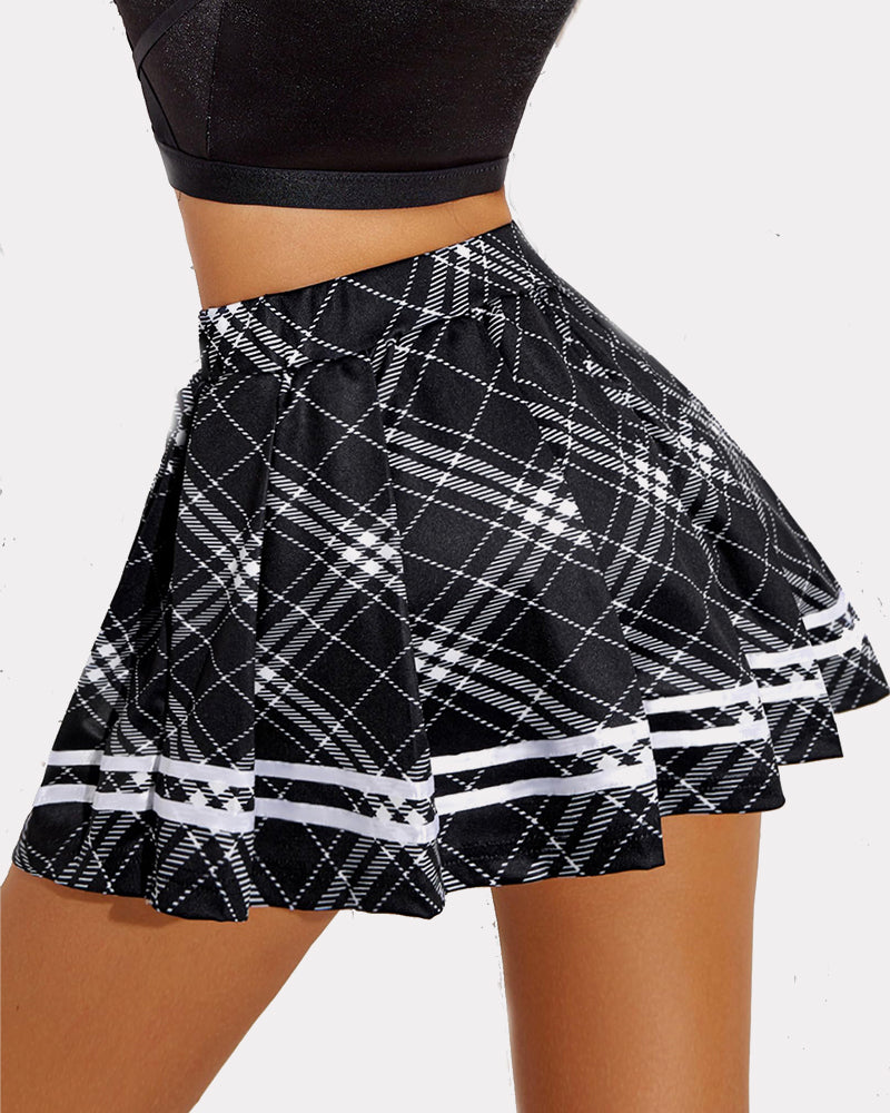 Pleated school uniform skirt, black with white plaid pattern and striped hem band.