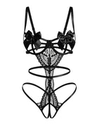 Black lace teddy bodysuit set with satin bow underwire cups and strappy briefs