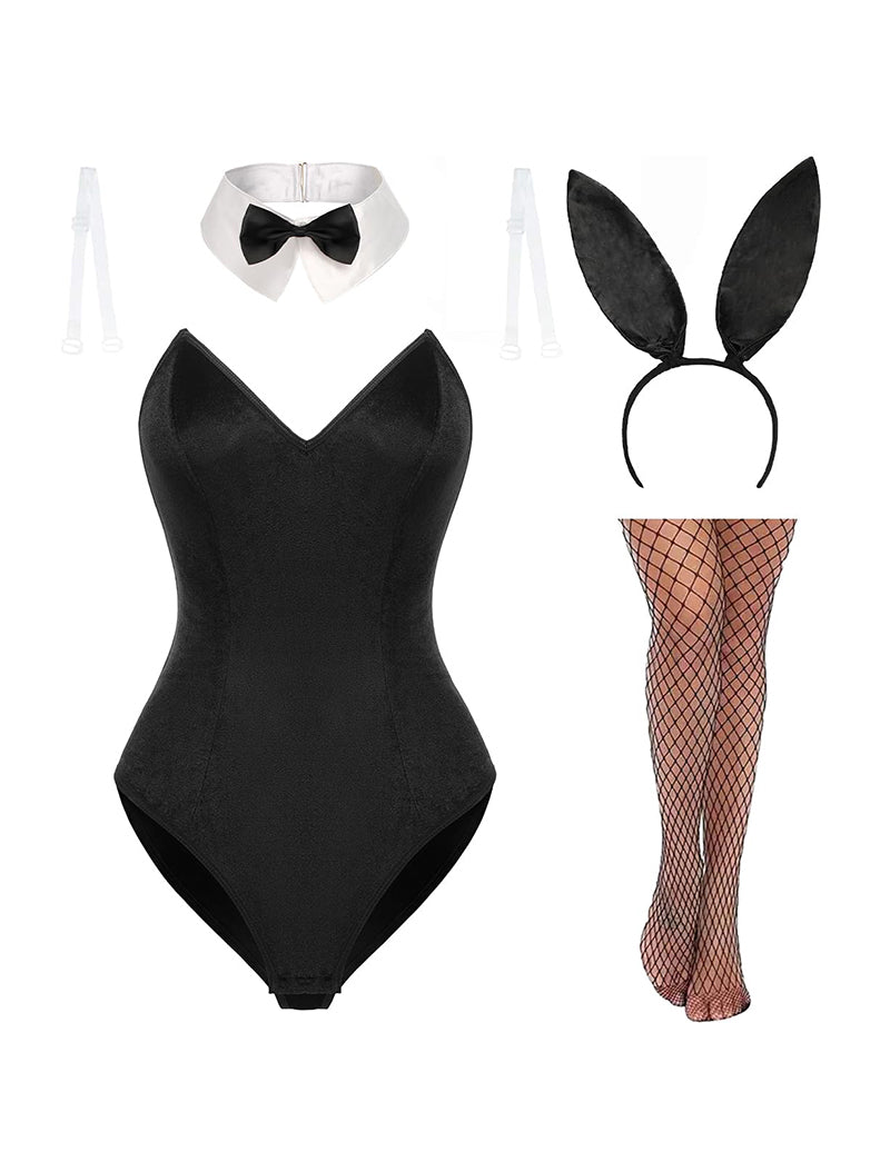 Black velvet bunny bodysuit with bow collar, ear headband, and fishnet stockings