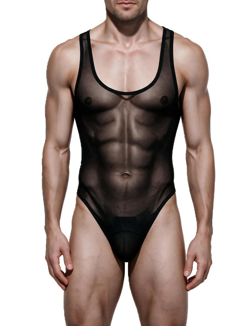 Sheer mesh thong bodysuit with black trim, sleeveless one-piece