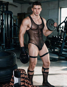 Sheer mesh thong bodysuit with black trim, low-rise thong front