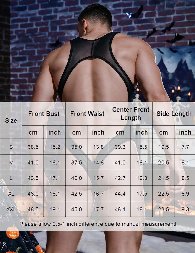 Black sheer mesh thong bodysuit with open back and U-shaped back neckline