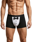 Black tuxedo boxer briefs with satin bow and white button front panel on model