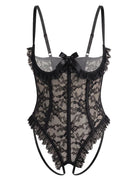 Black floral lace teddy bodysuit with black ruffle trim and a bow.