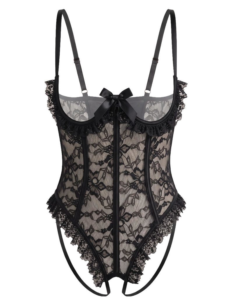 Black floral lace teddy bodysuit with black ruffle trim and a bow.