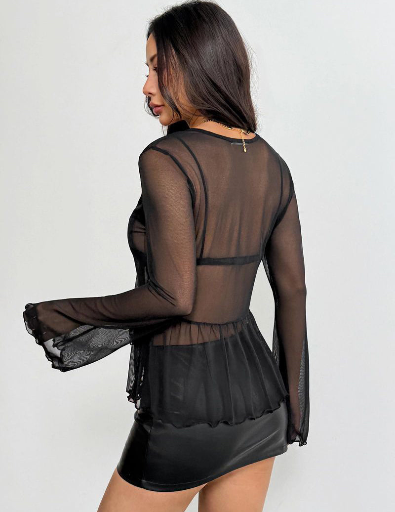 Black sheer mesh back view shrug with bell sleeves and ruffle hem tier.