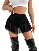 Black sheer mesh mini skirt with a solid V-shaped waistband and ruffled hem