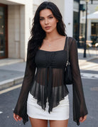 Black sheer chiffon top with square neckline, long flared sleeves, and tie-front detail