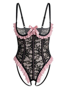 Black floral lace teddy bodysuit with pink ruffles and a pink bow.