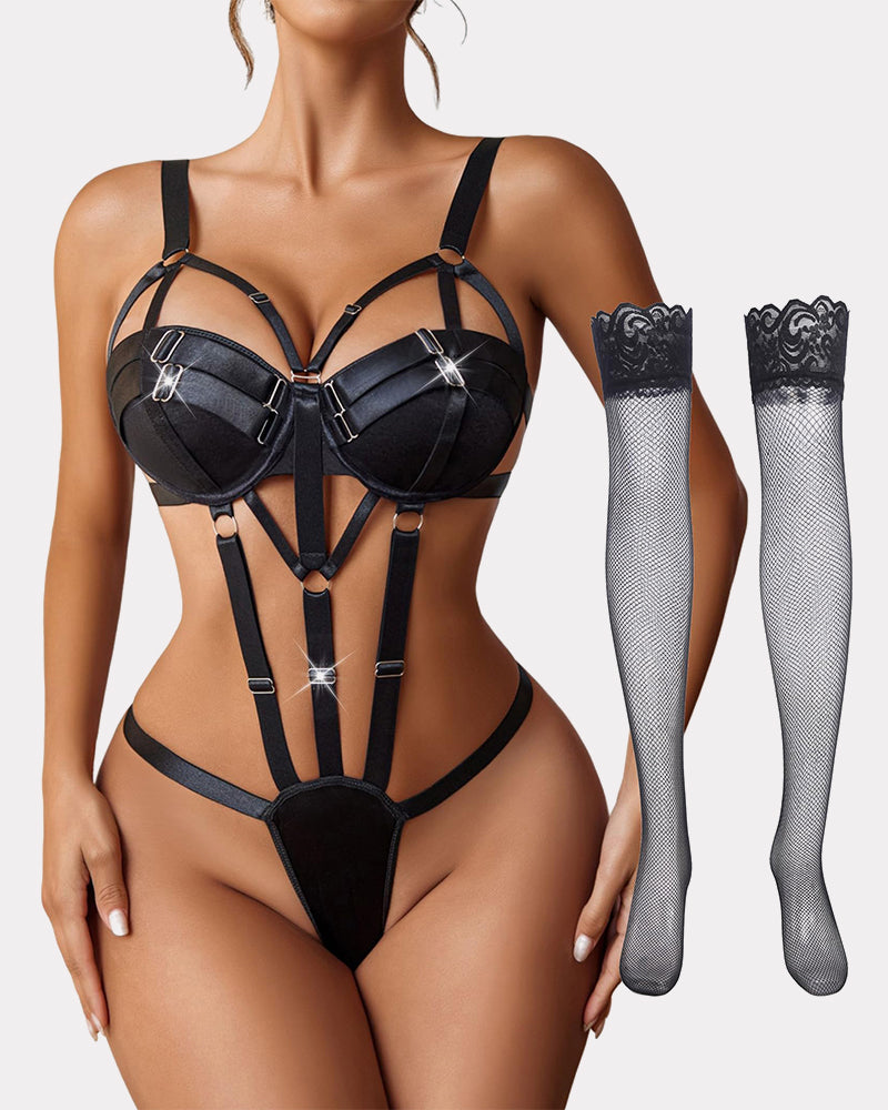 Black cutout teddy lingerie one-piece with underwire cups, garter straps, and stockings