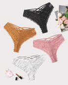 Lace cheeky panties with criss-cross waist straps in tan, pink, black, and white