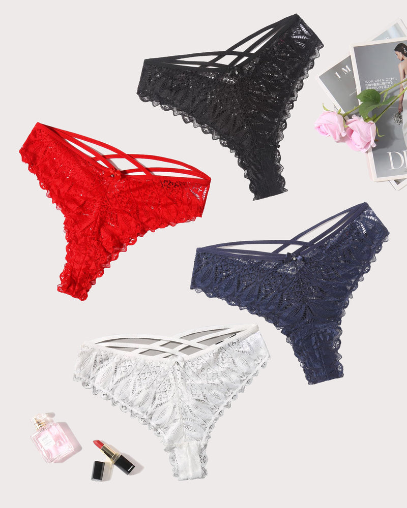 Lace cheeky panties with criss-cross waist straps in black, red, blue, and white