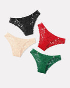 Low-rise cheeky lace tangas set in black, beige, red, and green