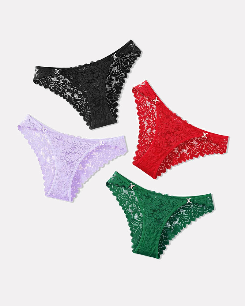 Low-rise cheeky lace tangas set in black, red, lavender, and green