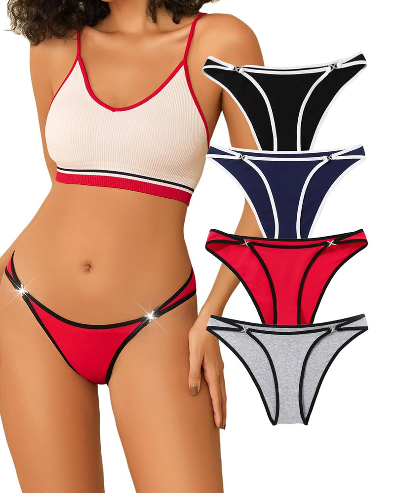 Assorted cotton low-rise hipster panties in cream, navy, red, and gray with contrast trim