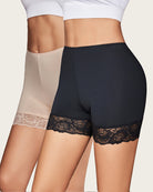 Beige and black shapewear shorts set with lace hems and smooth compression fabric.