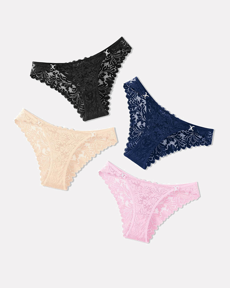 Low-rise cheeky lace tangas set in black, beige, navy, and pink