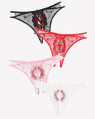 Floral embroidered thong panties in black and red lace mesh, with a pink thong layer.