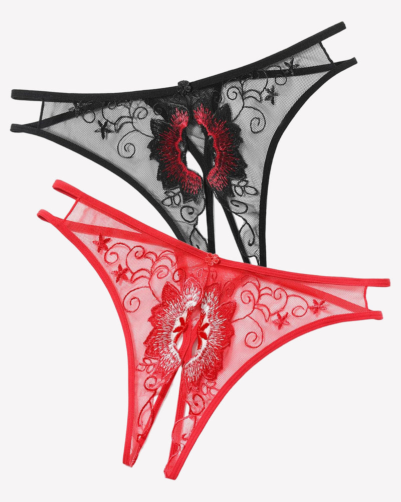 Floral embroidered thong panties in mesh, black with red and pink accents