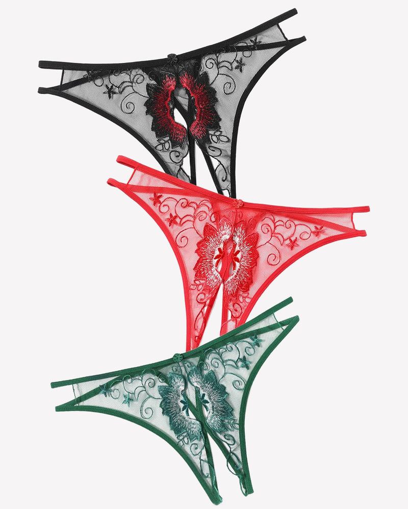 Floral embroidered thong panties in black, red, and green mesh with scalloped edges.