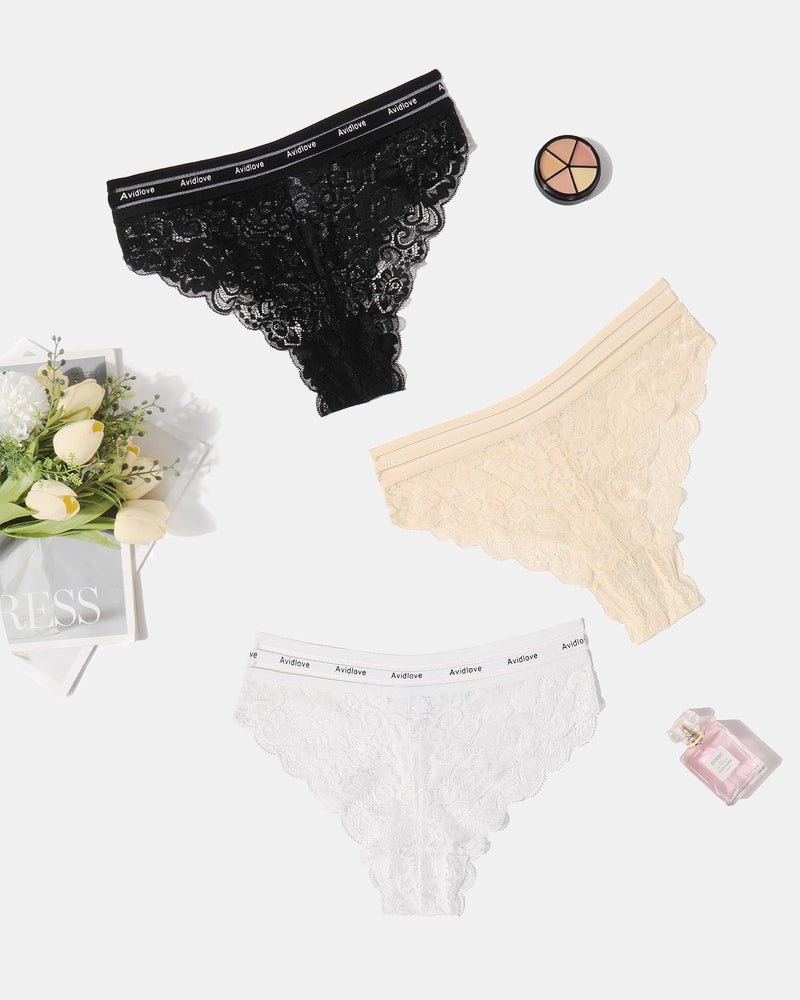 Lace hipster panties set with striped waistband in black, cream, and white