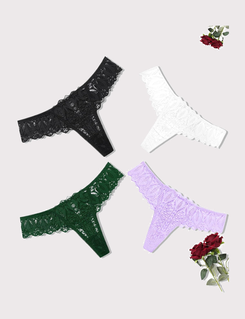 Lace thong set with scalloped trim and cross-back design; black, white, green, lavender.