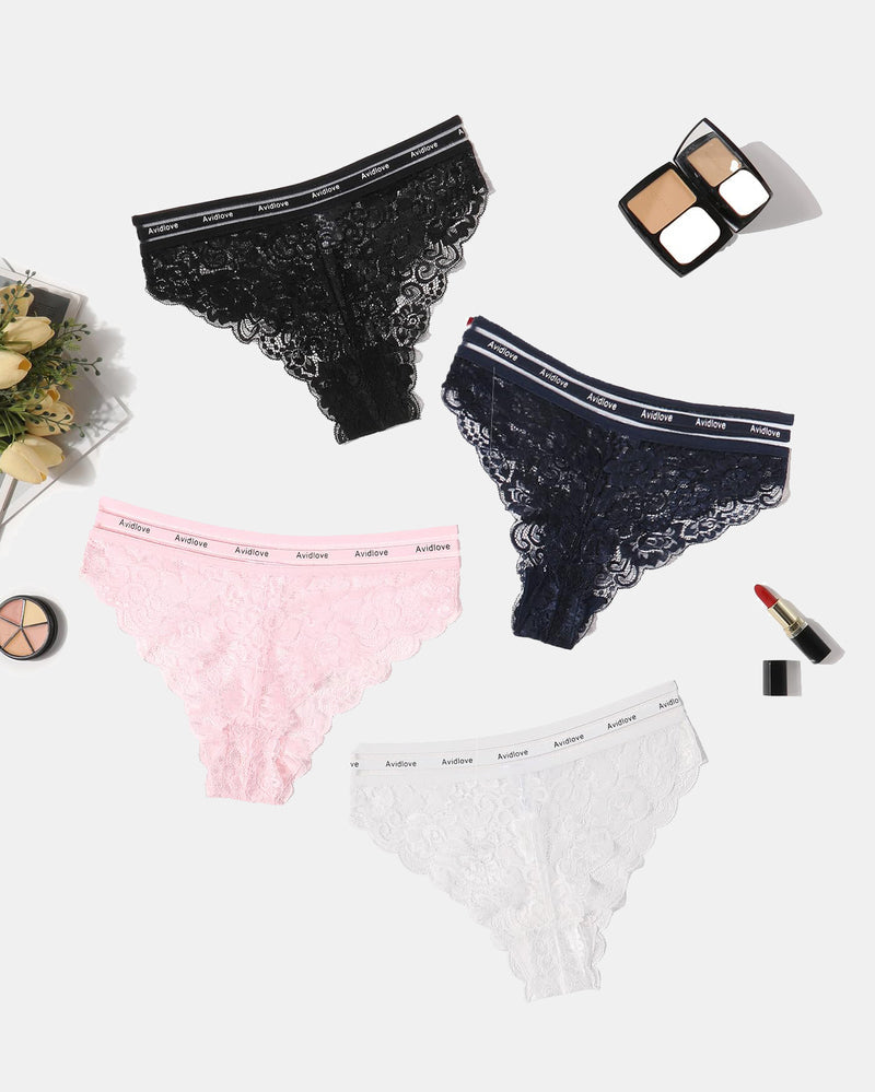 Floral lace hipster panties set in black, navy, pink, and white briefs