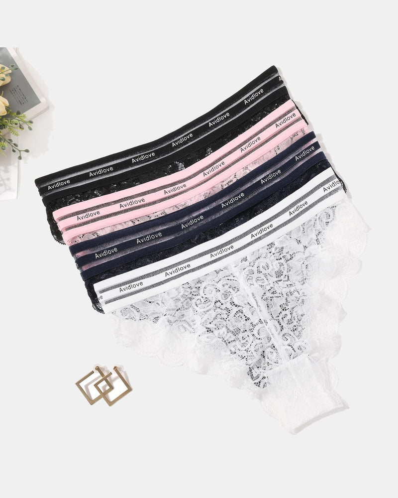 Floral lace hipster panties set stack: black, navy, pink, and white briefs