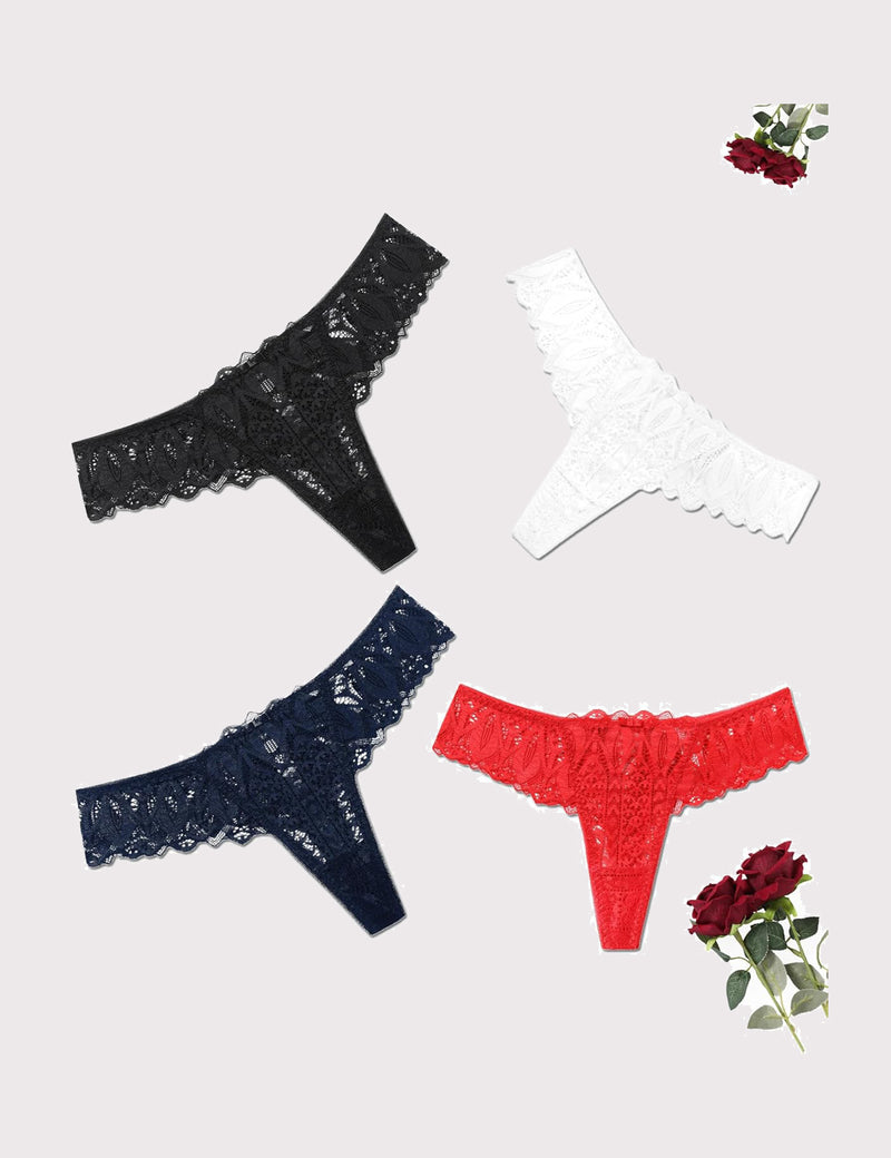 Lace thong underwear set in black, white, navy, and red