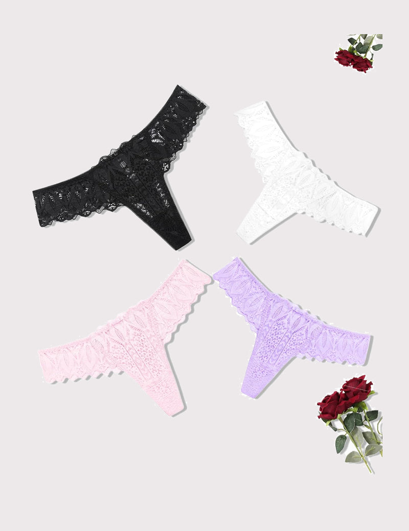 Lace thong set with scalloped trim and cross-back design; black, white, pink, lavender.