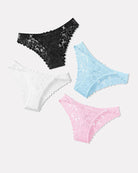 Low-rise cheeky lace tangas set in black, white, light blue, and pink